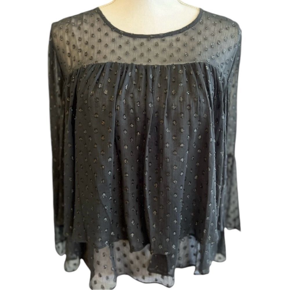 A New Day Black Sheer Illusion Babydoll Top Polka Dot SMALL Romantic Whimsygoth